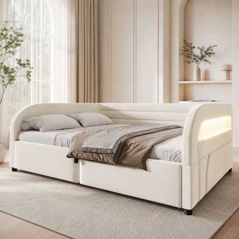 Letto contenitore imbottito 140 x 200 cm con sollevamento idraulico e LED RGB beige OKWISH (1/5)