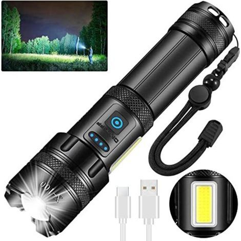 Extrem leistungsstarke LED-Taschenlampe – 1.000.000 Lumen, wiederaufladbare Taschentaschenlampe, IPX7 wasserdicht, 7 Leuchtmodi mit COB-Licht für Camping, Wandern und Notfälle (1/5)