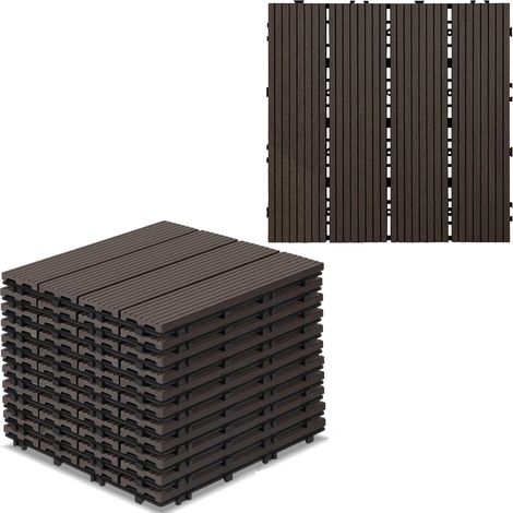 Lot de 110 dalles de terrasse WPC - 30 x 30 cm - Revêtement de sol - Résistant aux intempéries - Avec fonction de drainage - Pour balcon, terrasse - Café (1/5)