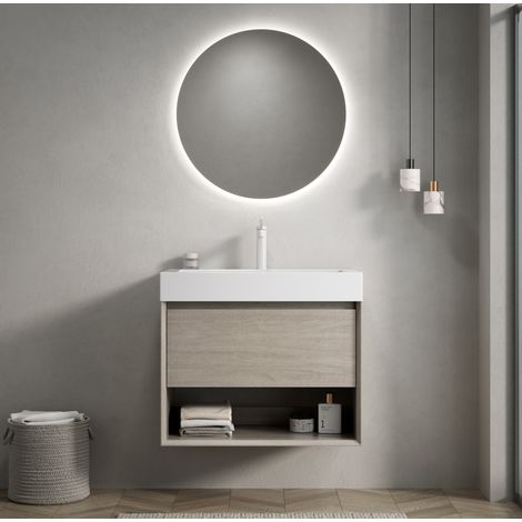 Mobile bagno sospeso in resin e multistrato rovere chiaro con lavabo bianco, 70 cm, 1 cassetto e vano aperto (1/5)