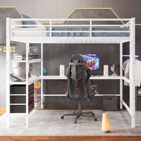Lit mezzanine 140x200 avec bureau et 3 tiroirs - métal et mdf - led et penderie - prise et usb -  blanc (1/5)