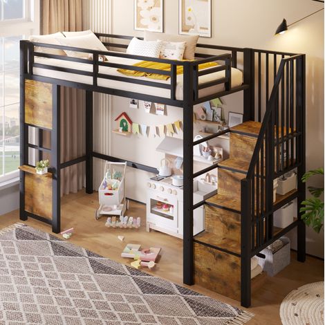 Hochbett 90 x 200 cm aus Metall und MDF mit Stauraumtreppe, Schwarz (1/5)