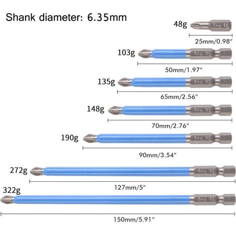 Ensemble de 7 embouts de perçage magnétiques antidérapants PH2 pour tournevis cruciformes (25, 50, 65, 70, 90, 127 et 150 mm).
