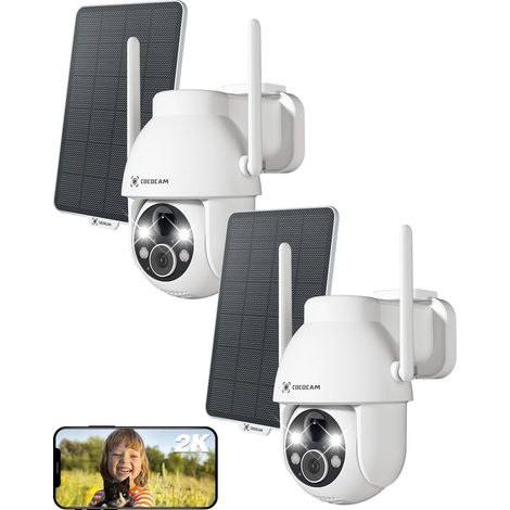 Caméra de surveillance 2K sans fil – Lot de 2 – Vision nocturne couleur jusqu'à 15m – Détection AI – Alimentation solaire 5200mAh (1/5)
