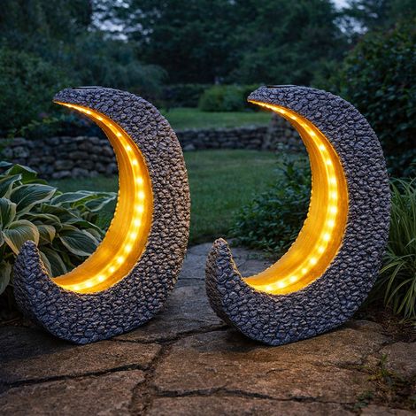 Gartendeko Solarlampen für Außen Tischdeko Gartentisch Garten Solarleuchte für Balkon, Mondsichel Stein Optik Grau Gold, LED warmweiß, LxH 28 x 31 cm, 2er Set