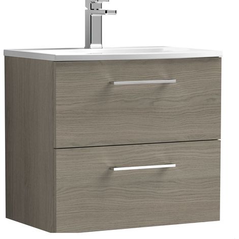 Balterley Modern Bathroom Wall Hung 2-Drawer Vanity & Curved Basin, Solace Oak, 600 mm