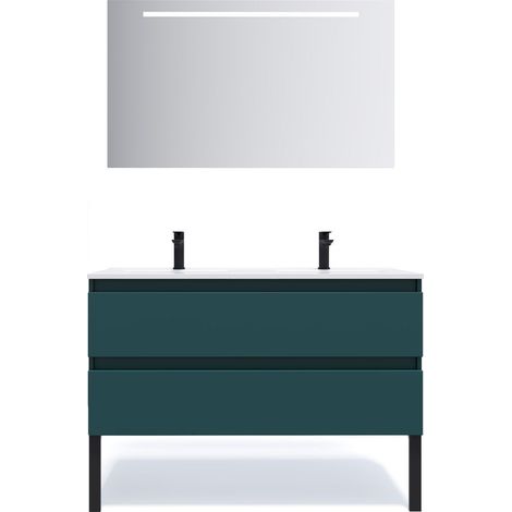 Meuble de salle de bain suspendu 2 vasques à poser 120cm 2 tiroirs Bleu + miroir - Hudson (1/5)
