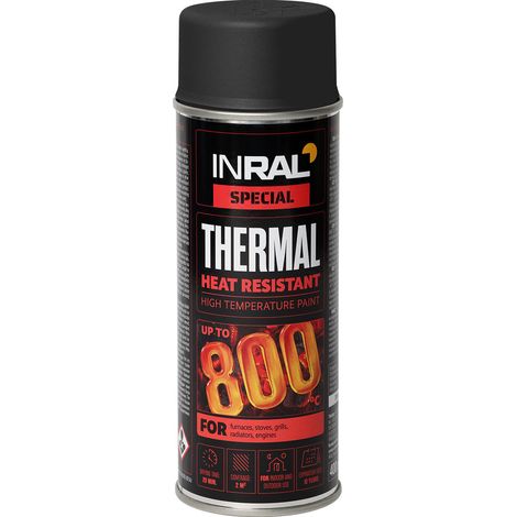 Pintura alta temperatura INRAL Thermal 800 °C – esmalte de silicona negro mate, secado rápido, protección para estufas y radiadores – 400 ml