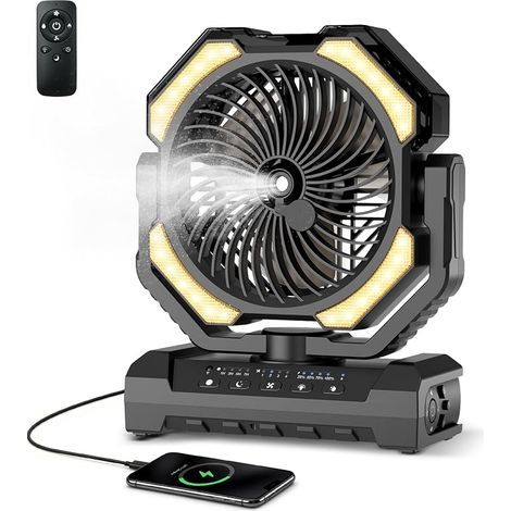 Ventilateur de camping avec refroidissement à brume portable, batterie rechargeable 20 000 mAh et télécommande, réservoir 250 ml, lumière LED et crochet pour tente, extérieur, maison, patio et (1/5)