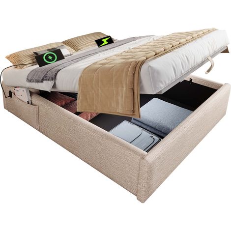 Lit coffre 140x200 cm en lin naturel/beige avec sommier plein et ports USB/Type-C, sans tête de lit (1/5)