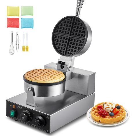 VEVOR Máquina para Hacer Gofres Redondos 1230 W, de Acero Inoxidable Antiadherente, con Control de Temperatura y Tiempo, Asa, para Restaurantes, Panaderías, Bares y Familias, 250 x 465 x 280 mm
