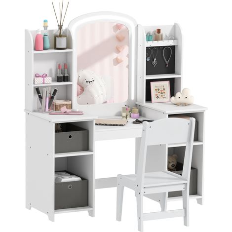 Coiffeuse pour enfants avec tabouret et miroir LED, table de maquillage pour 3 à 8 ans, 104 x 40 x 112 cm, blanc (1/5)