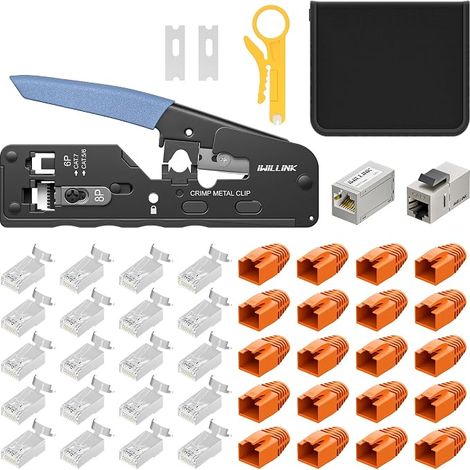 Network Tool Kit, RJ45 Crimping Pliers with 20 RJ45 Cat 7 Connectors (Pass-through, Shielded), 1 Wire Stripper, 1 RJ45 Cat7 Coupler, 1 RJ45 Keystone Module for RJ45, RJ11, RJ12 Cables (1/5)