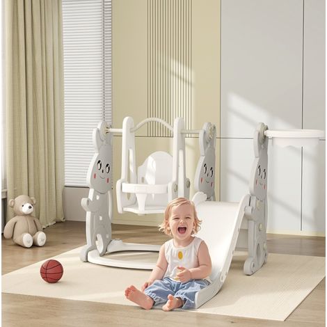 Toboggan enfant 4 en 1 avec balançoire, panier de basket, gris OKMYHOME (1/5)