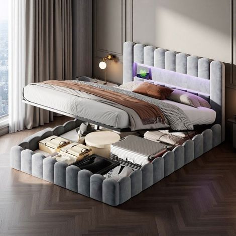 Letto 180 x 200 cm - 240309SM - USB - LED - idraulico - Velluto - letto matrimoniale - struttura letto per adulti 180x200 cm - Grigio