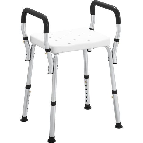 Tabouret de douche pour personnes âgées et handicapées avec accoudoirs, hauteur réglable, patins antidérapants, blanc