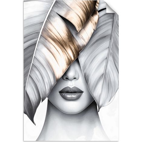 Selbstklebendes Poster – Wandsticker Frau und silberne und goldene Bananenblätter 30x45 cm (1/3)
