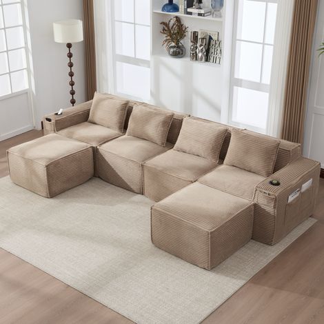 Canapé modulable 4 places en velours côtelé avec 2 poufs, porte-gobelets, kaki OKMYHOME (1/5)