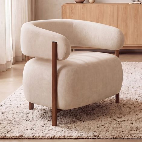 Sillón ALBERT de tela de chenilla beige y patas con acabado de nogal (1/5)