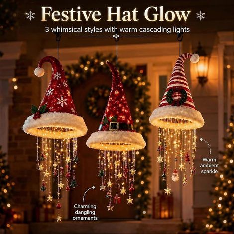 Lustre suspendu lumineux en forme de chapeau de Père Noël, lumière LED chaude pour Noël, éclairage festif intérieur et extérieur pour porche, cheminée, terrasse, maison (1/4)
