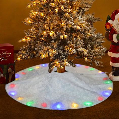Jupe de Sapin de Noël 90CM Blanc Peluche Jupe Arbre de Noël avec LED Couvre-Pied de Sapin Jupe Sapin de Noël pour Décoration de Noël Tapis de Sapin pour Chambre Salon Htel GROOFOO