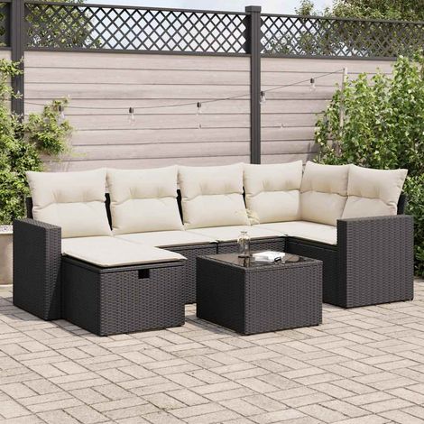 Ensemble de mobilier de jardin 7 pièces avec canapés d'angle, table, repose-pieds et coussins noirs en résine tressée résistante aux intempéries (1/5)