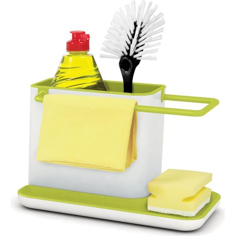 Rangement/organiseur d'évier avec égouttoir intégré(Blanc/Vert), support pour éponge, brosse, liquide vaisselle, et lavette, démontable, taille normale