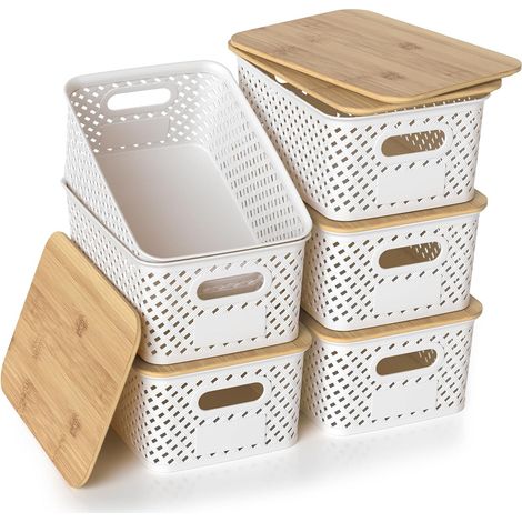 Aufbewahrungskörbe aus Kunststoff mit Bambusdeckeln, stapelbare Aufbewahrungsboxen aus Kunststoff zur Organisation von Vorratsschränken, Schubladen, Schreibtischen, Kleiderschränken, Spielzimmern, Kla (1/5)