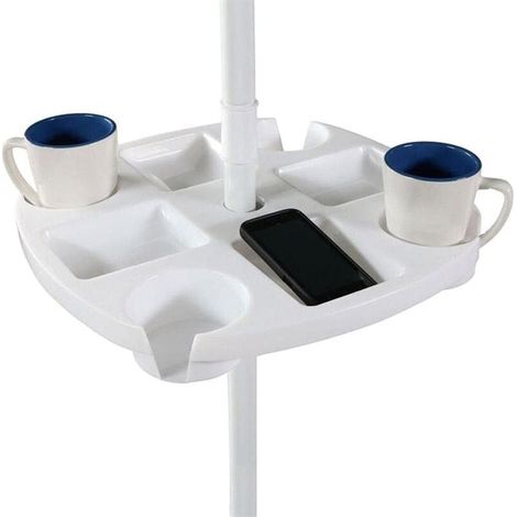 Table Parapluie de Plage Extérieure, Plateau à Collation Rond en Plastique avec 4 Porte-gobelets et 4 Compartiments à Collation pour Plage, Terrasse, Jardin, Piscine (1/4)