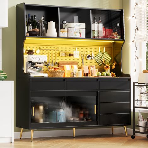 REDOM - Aparador alto 145x39x171 cm, puertas correderas, LED con control por aplicación, vidrio estriado, MDF negro (1/5)