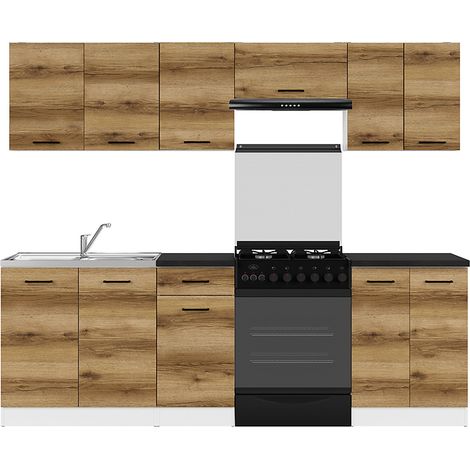 Cuisine complète 240 cm,Ensemble de meuble de cuisine coloris Chêne delano/Blanc, plan de travail noir inclus (1/4)