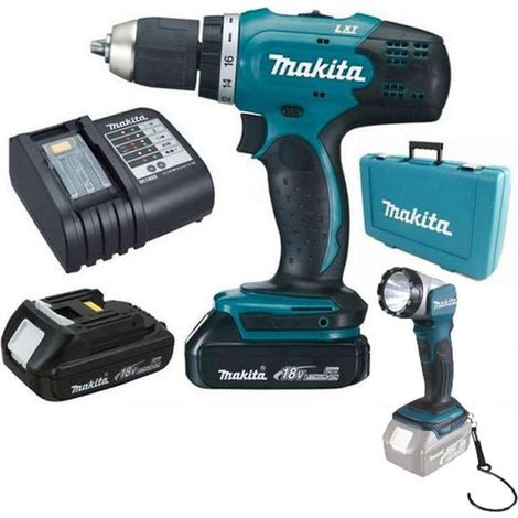 Makita Utensili - Set trapano avvitatore a batteria 18V e torcia a LED, 2 batterie Li-Ion da 1,5 Ah, caricabatterie DDF453SYEL