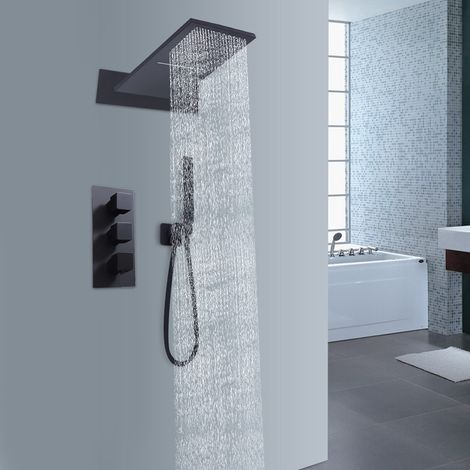 Système de douche noir avec thermostat encastré Douche à effet pluie Set de douche (1/5)