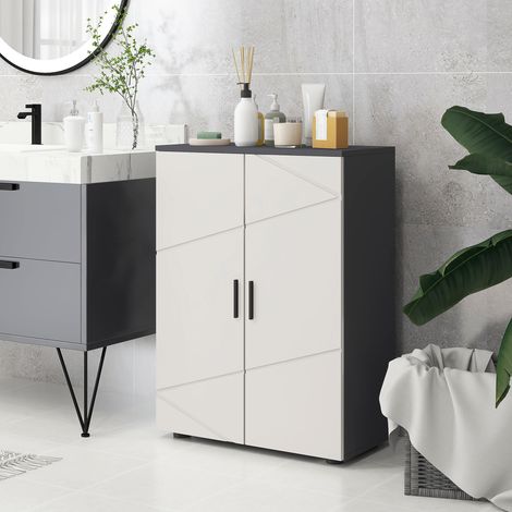 Platzsparender Badezimmerschrank mit 2 Holztüren, 3 Einlegeböden und Soft-Close-Mechanismus, 60 x 30 x 82 cm, Grau