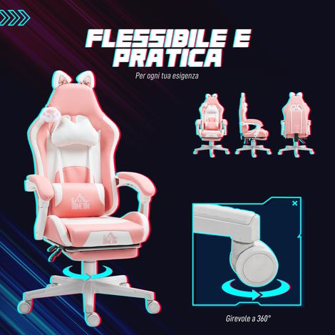 Fauteuil gamer rose ergonomique à oreilles félines, avec repose-jambes, appui lombaire et cervical.