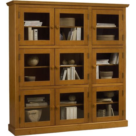 Bibliothèque Vitrine 9 Portes Vitrées Pin Miel Style Anglais L 163 H 170 P 37 cm