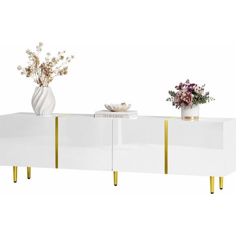 Meuble TV blanc laqué 4 portes avec grands rangements, finition brillante et accents dorés, design moderne pour salon élégant, 170 cm, CHICFURN (1/5)