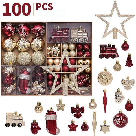 Ornements de Noël floqués rouge 28 pièces, formes variées, boîte PVC transparente, décoration sapin (1/5)