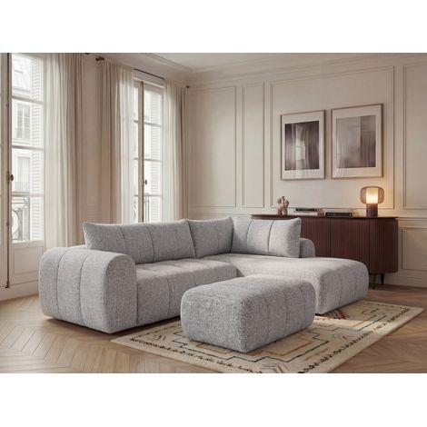 BOBOCHIC - Canapé d'angle L fixe NESTY tissu chiné avec pouf Angle droit  Gris clair (1/5)