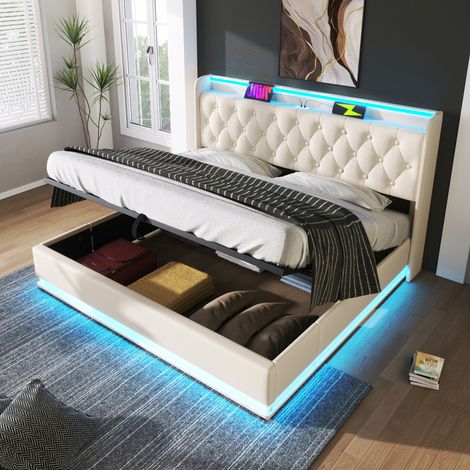 Lit double capitonné 180x200 cm moderne avec coffre hydraulique, LED 360°, tête de lit USB-C, PU blanc (1/5)
