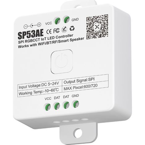 The SP53AE dual-mode Bluetooth/WiFi RGB CCT SPI controller supports Baidu, Xiao Ai, and Google smart voice assistants.