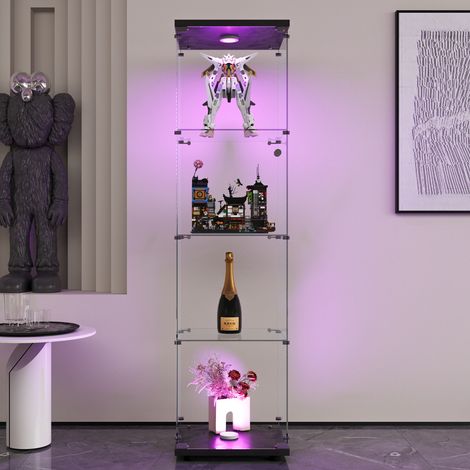 Vitrine en verre,Vitrine pour collection, Vitrine led, Vitrine en verre avec LED, 36×42×164 cm, Noir