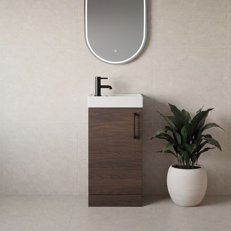 Napoli Cube Brown Oak 400mm Single Door Vanity Unit with Align Basin - 400mm - Matt Black 160mm Handle