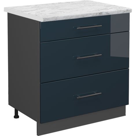 Meuble cuisine Fame-Line, Bleu foncé brillant, 80 cm avec 3 tiroirs, PT Marbre, Vicco (1/5)