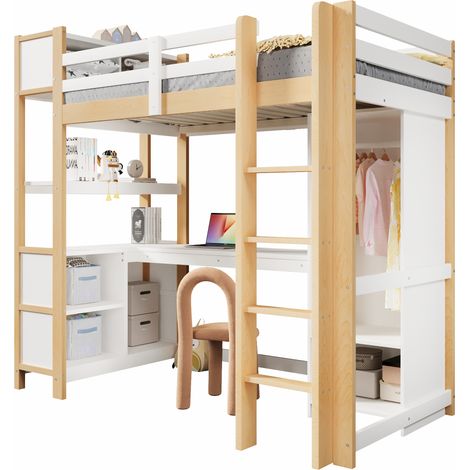 Letto a soppalco 90x200 cm con scrivania, librerie e armadio, in pino e MDF, bianco, senza materasso, per cameretta CHICFURN (1/5)