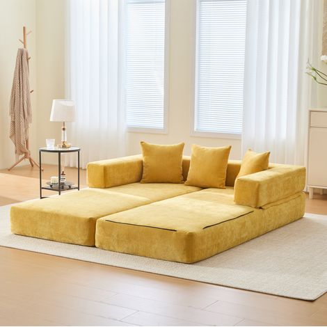 Divano modulare 198x79x60 cm in tessuto giallo senape salvaspazio per soggiorno FloraGrace (1/5)