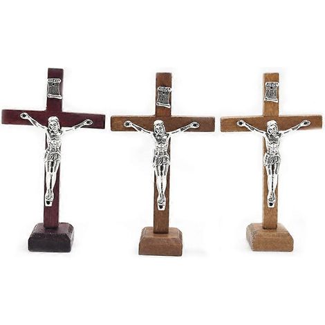Croix catholique en bois de table avec support, crucifix chrétien à poser (1 pièce) (1/4)