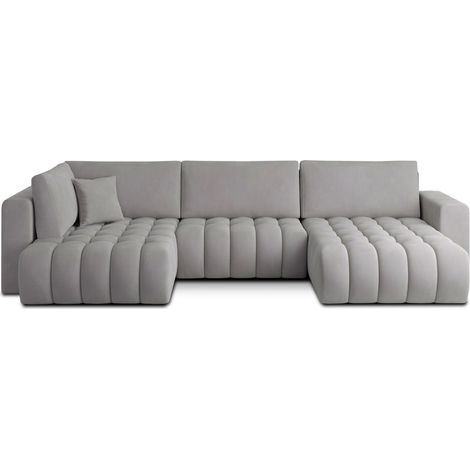 Sofá de esquina BONITA convertible 6 plazas gris claro efecto terciopelo – derecho – 350x175cm (1/3)