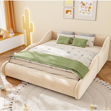 Letto imbottito per bambini 140 x 200 cm in velluto beige con sponde OKWISH (1/5)