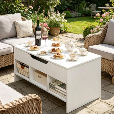 Mesa de centro elevable 96x45x51 cm blanca de madera y metal con almacenamiento (1/5)